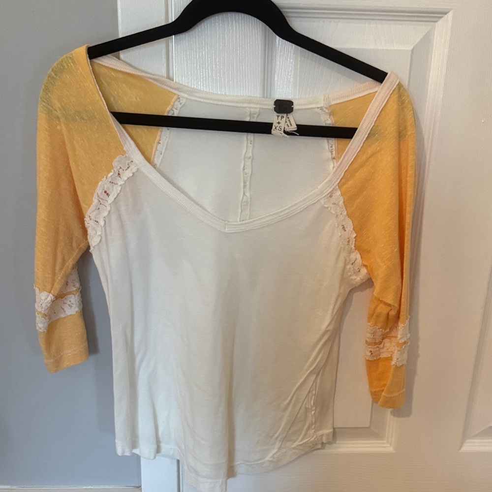 Free People Cream and Yellow Long Sleeve Top
